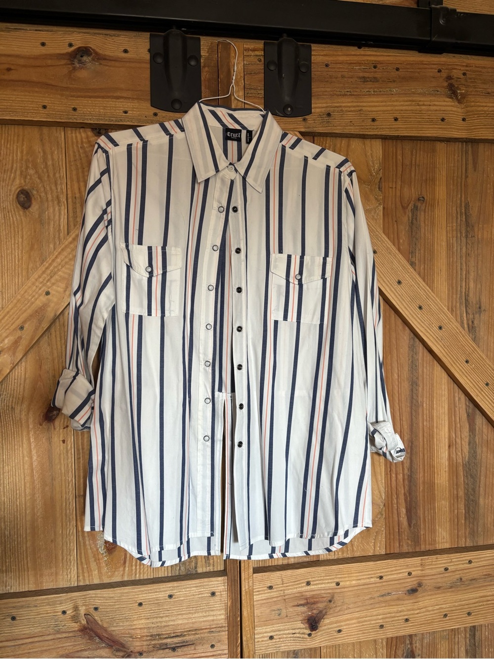 Cruel Denim Women's Striped Button-Down Shirt - White with Navy & Tan Stripes